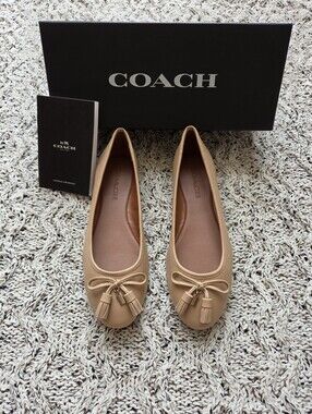 COACH BEA Tan Leather Ballet Flats (with Tassel Bow Accents)